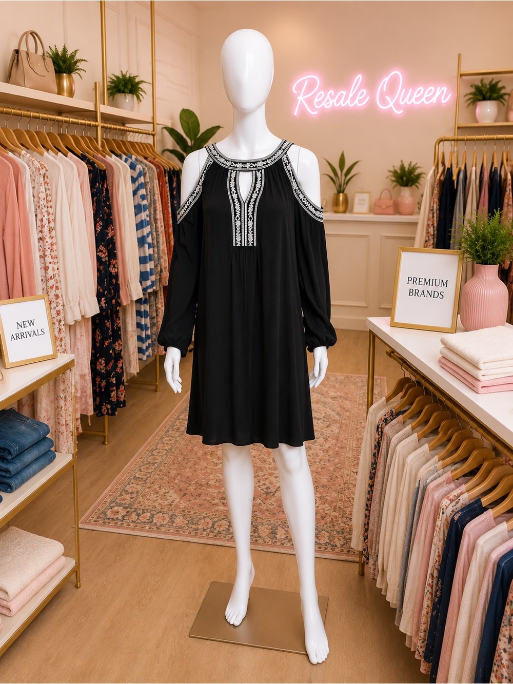 Time and Tru Black Cold-Shoulder Embroidered Swing Dress